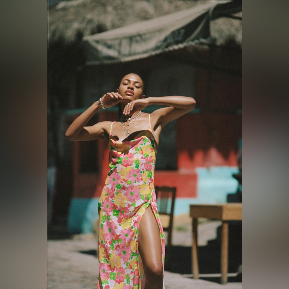 For Love And Lemons Floral Midi Dress - Pink and Green